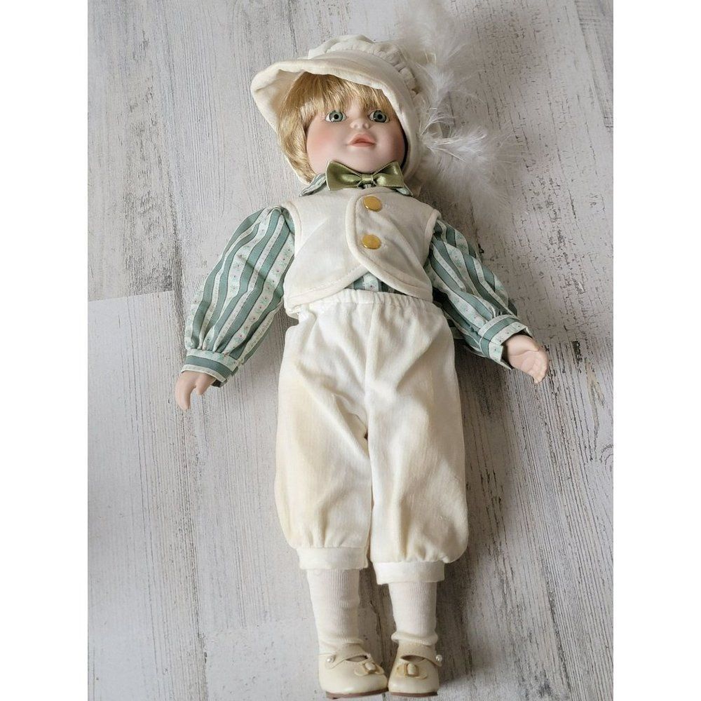 Marian Yu porcelain doll boy white‎ feather hat stripe bow collectible